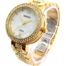 Gold Geneva Bold Case Rhinestones Bezel & Bracelet Women's Watch