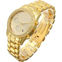 Gold Stainless Steel Crystal Rhinestone Gear Quartz Wrist Watch Calendar