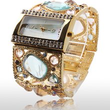 Golden Amazing Women's Bracelet Watch with Graceful Multi Color Diamond Decoration