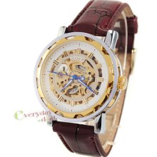 Golden Luxury Automatic Genuine Leather Men Watch Skull