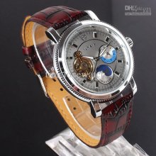 Good Quality Silver 3-dial Automatic Mechanical Watch Dark Red Leath