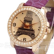 Gorgeous Golden Crystal Paris Tower Dial Design Cute Girl Women Watch Clock