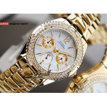 Guess Gold Rock Candy Pearl Dial Prizm Date Trendy Swarovski Ladies Watch