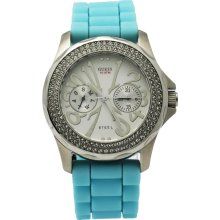 Guess Steel 11046l4 Womans Lt Blue Vinyl Band Swarovski Crystal Multi Dial Watch