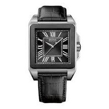 Hugo Boss 1512797 Black Leather Strap Polished Steel Roman Numeral Men Watch