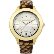 Karen Millen Ladies' Round Silver dial, Gold Bezel, Snake Leather Strap KM124TG Watch