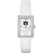 Ladies Auburn University Watch with White Leather Strap and CZ Accents