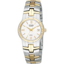 Ladies Citizen Quartz 50 Meter White Dial Two Tone Watch With Date Eu2434-59a