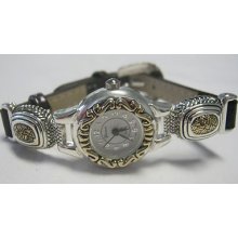 Ladies Geneva Watch- Roumd Twotone Scrollwork Bezel W/ Brighton Tin Included