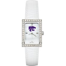 Ladies Kansas State University Watch with White Leather Strap and CZ Accents