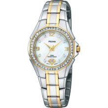 Ladies Pulsar By Seiko Quartz Pxt798 Crystal Mop Dial Stainless Watch