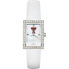 Ladies Texas Tech University Watch with White Leather Strap and CZ Accents