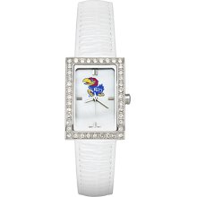 Ladies University Of Kansas Watch with White Leather Strap and CZ Accents