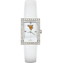 Ladies West Virginia University Watch with White Leather Strap and CZ Accents