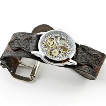 Leather Hand-Tooled Unisex Wrist Watch