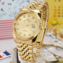 Luxury Full Golden Quartz Watch Date Light Diamond Stainless Steel Noble