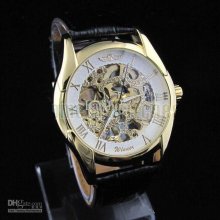 Luxury Mens 18k Gold Automatic Mechanical Steel Wristwatch Leather W