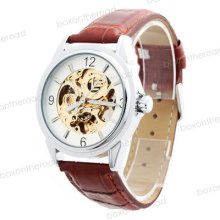 Luxury White Skeleton Dial Band Analog Mechanical Men Watch Valentines Gift