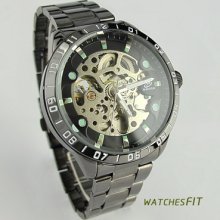 Masculine Men's Black Visible Skeleton Self-wind Mechanical S/steel Wrist Watch