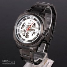 Mech Number Index White Face Men Mechanical Watch Self-wind Black Pa