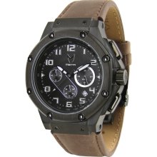 Meister Mens Ambassador Chronograph Stainless Watch - Brown Leather Strap - Black Dial - AM123LS