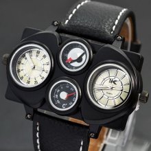 Men Military Army Analog Wrist Watch Black Leather Quartz Movt Dual Time