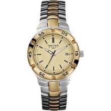 Men`s Nautica 2 Tone Stainless Steel Watch W/ Gold Dial & Date Window