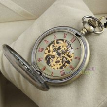 Mens Pocket Watch Skeleton Mechanical Retro Tide Steel