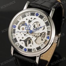 Mens Skeleton Transparent Mechanical Stainless Steel Leather Sport Watch Cw80