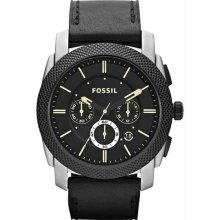 Men's Stainless Steel Case Leather Strap Black Dial Chronograph