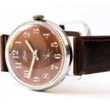 Men's wristwatch ZIM brick red ornamented face watch brown chocolate leather watch