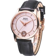 Mido Baroncelli Lady Diamonds Automatic Swiss Watch Rose Gold Leather Strap