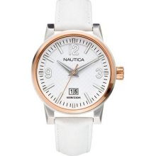 Nautica Mens Nct 600 White Dial Rose Gold Stainless Steel Leather A14567g Watch