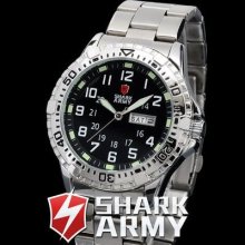 Newest Shark Army Black Dial Date Day Stainless Steel Men Sport Quartz Watch