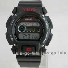 Ohsen Cool Black Water Resistant Digital Date Display Alarm Rubber Sport Watch