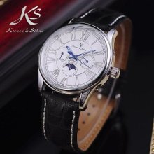 On Sale Ks Fashion Men Leather Band Automatic Mechanical Moon Phase Analog Watch