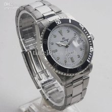 One Pcs Men White Dial Black Rim Calendar Stainless Band Mechanical