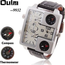 Oulm Men's Quartz Military Wrist Watch with Compass Thermometer White Sq.Dial