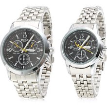 Pair of Casual Alloy Quartz Analog Couple Watches with Black Face 8084 (Silver)