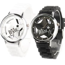 Pair of Hollow Out Pattern Star Design Quartz Wrist Watches with Crystal Decoration - Black and White