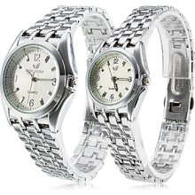 Pair of White Face Alloy Analog Quartz Couple's Watches (Silver)