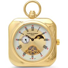 Polished gold square mechanical pocket watch & chain by charles hubert
