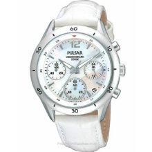 Pulsar Ladies Chrono White MOP Dial w/ White Leather Strap PT3085