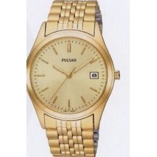 Pulsar Men`s Goldtone Dress Watch W/ Bracelet & Round Champagne Dial