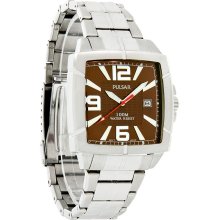 Pulsar Mens 100M Square Brown Dial Quartz Watch PXH701