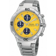 Pulsar Pjn249x Stainless Steel Chronograph Yellow Dial Men's Watch - Great Gift