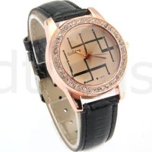 Quartz Movement Wrist Watch Wristwatch Black Leather Wristband Women