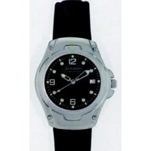 Quincy Ladies` Brushed & Polished Genuine Black Leather Strap Watch