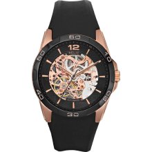 Relic Men's Skeleton Automatic Black Strap Watch, Black Dial with Rose-Tone Case