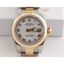 Rolex 179174 Ladies Datejust Oyster White Roman Dial 18k Yellow Bezel